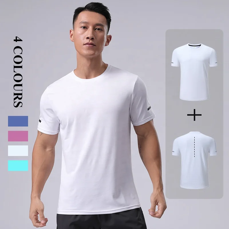 

New Fashion Breathable Cool Men T-shirt Round Neck Loose Solid Color Slim Cuffs Running Sports Short Sleeve
