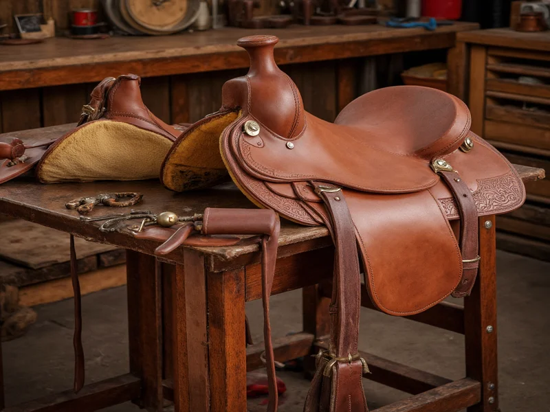 Handcrafted leather saddle on workbench with tools