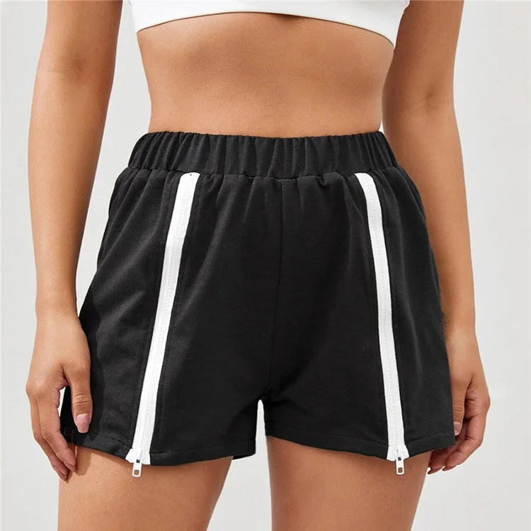 

Casual Contrast Color Mid Waist Short Straight Pants Women Summer Activewear Sport Short Pants Women -YS, Black