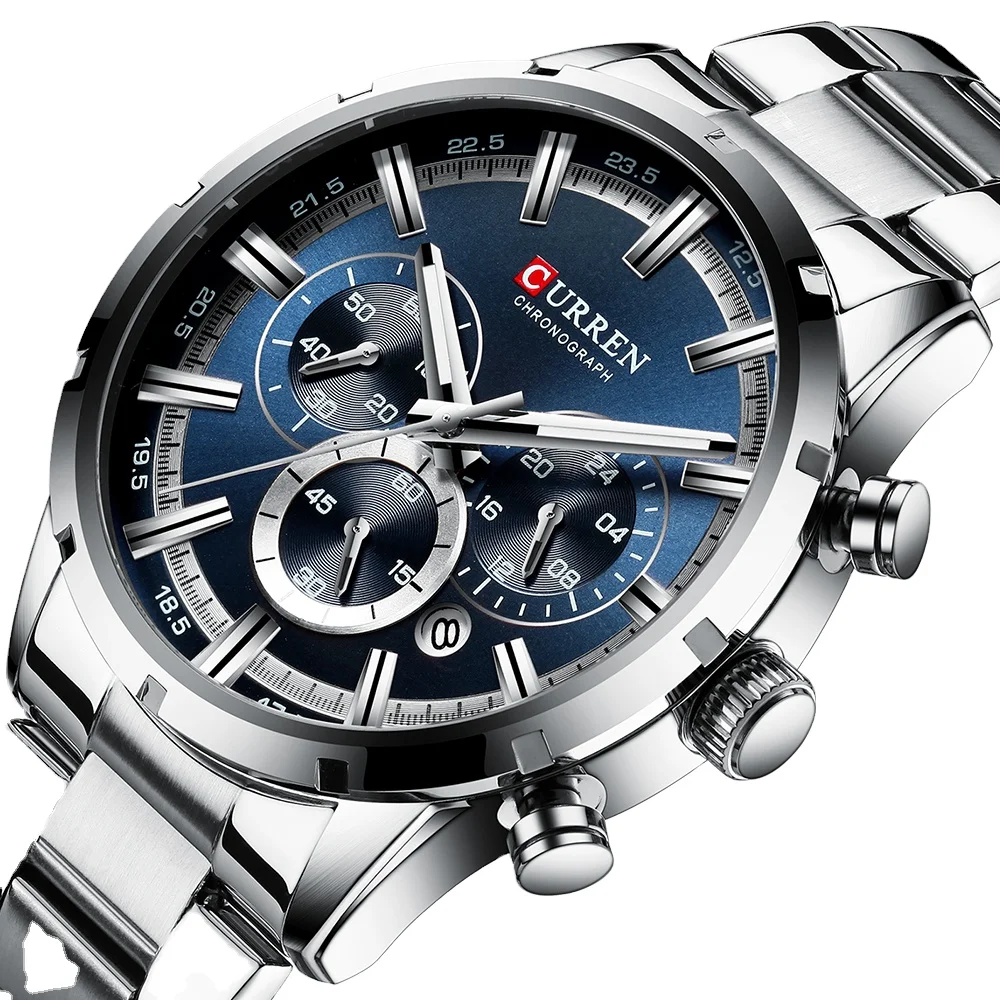 CURREN 8355 New Fashion Watches Men Wrist Blue Stainless Steel Top Luxury Mens Sports Chronograph Quartz Watch Relogio Masculino