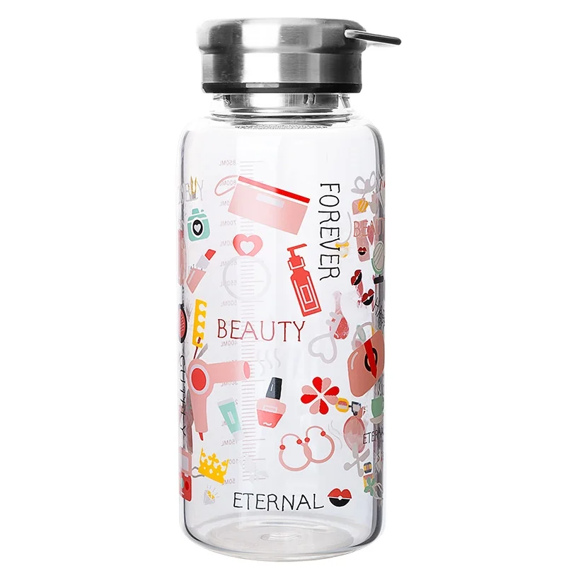 

Mikenda Rotary printing logo glass water Bottle BPA Free Travel Drink Bottle with stainless steel lid