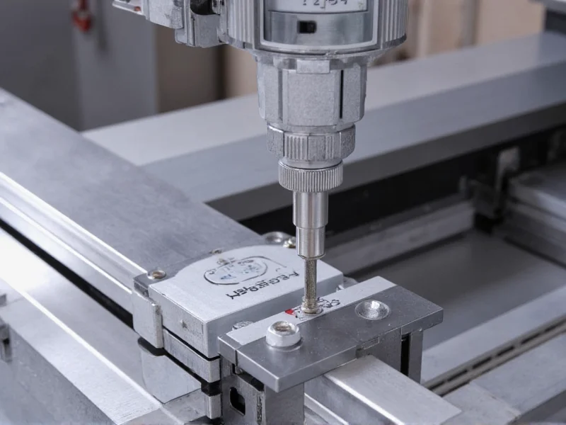 Dial indicator measuring CNC rail alignment on surface plate