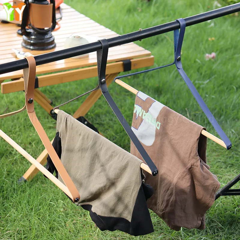 

Triangle Stable Structure Strong Bearing Faux Leather Lanyard Buckle Design Clothes Hanger Camping Beech Wooden Clothes