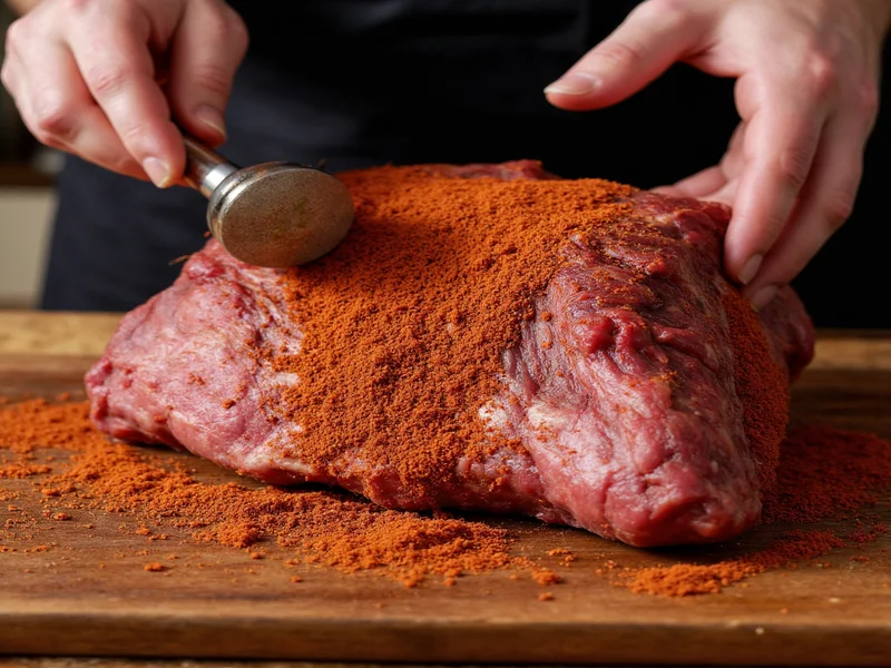 Hands applying spice rub to raw beef brisket