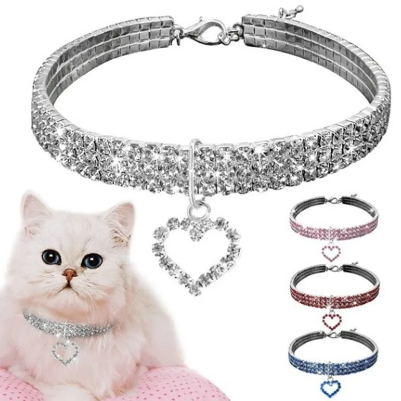 

Pet Products Pet Rhinestones Necklace Dog Cat Collar Three Rows Elastic Love Dog Cat Jewelry