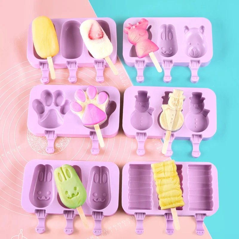

3 Cavities Homemade Bunny Paw Ice Cream Bar Mold Silicone Ice Pop Popsicle Molds with Lid 50 Wooden Sticks for Kids Popsicle