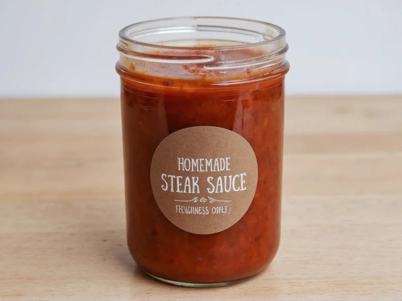 Homemade steak sauce in glass jar with freshness date label