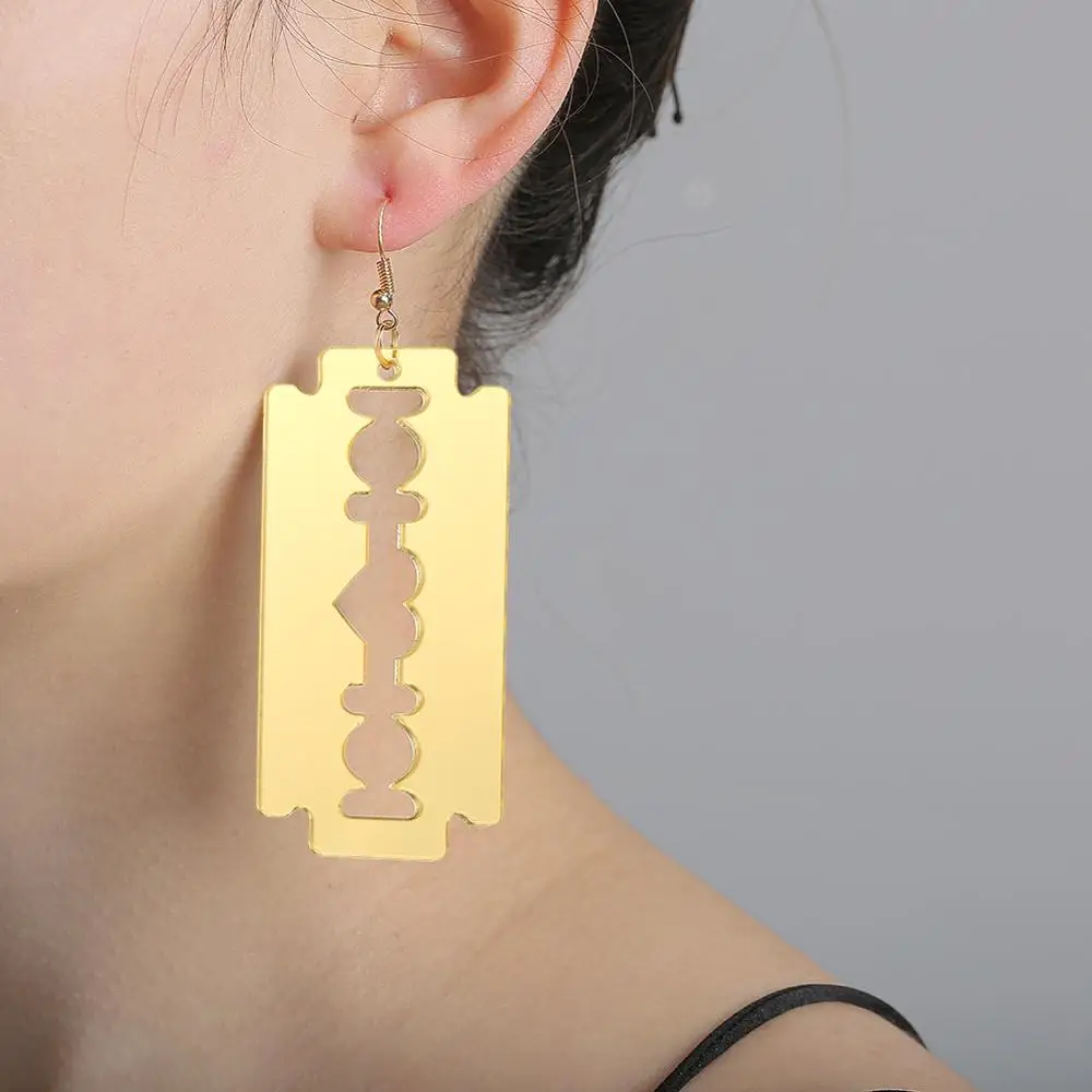 

Hip Hop Large Acrylic Blade Dangle Earrings Punk Rock Razor Gold Earrings For Men Jewelry Accessories