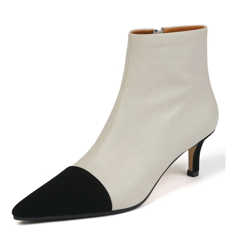 

2020 Retro luxury white genuine leather pointed toe women high heel boots shose designer ladies short boots