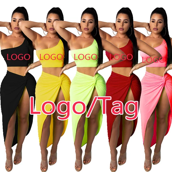 

Custom Logo Tag Two Piece Set Women Clothing One Shoulder Tops Side Ruched High Split Dress Female Skirt set Party dress