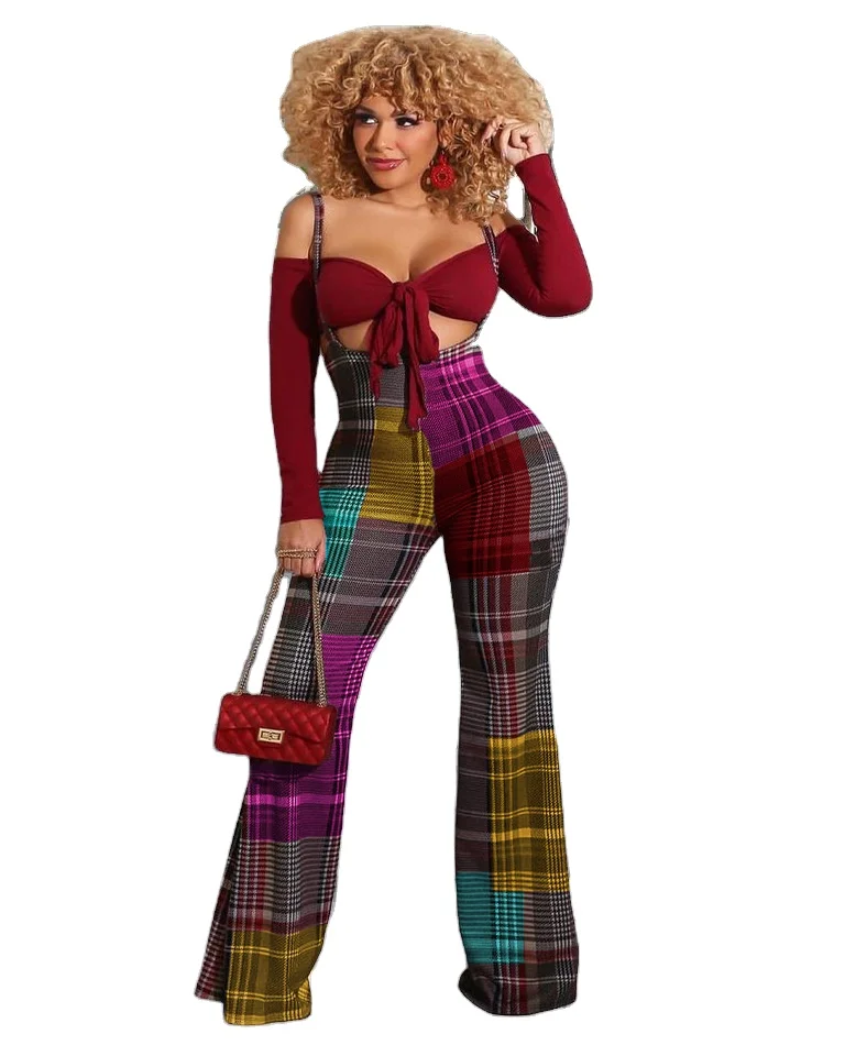 

New 2021 Women plaid two-piece suit Fashion sexy Casual bell-bottoms Pants red long sleeve chest wrap lady high street clothes