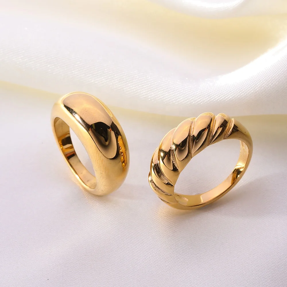 

Wholesale Custom Logo Hypoallergenic Women Jewelry 18K Gold Plated Stainless Steel Chunky Twisted Croissant Dome Ring for Women, As picture