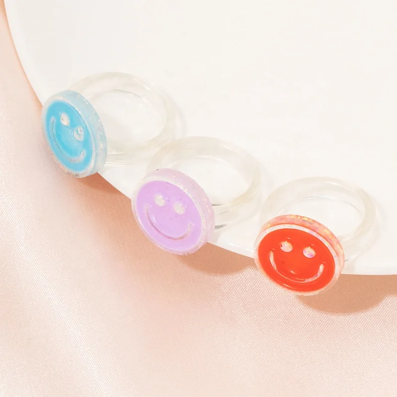 

Korean Fashion Orange Color Acrylic Smiling Face Finger Rings Candy Color Drawing Face Circle Band Ring For Women rings