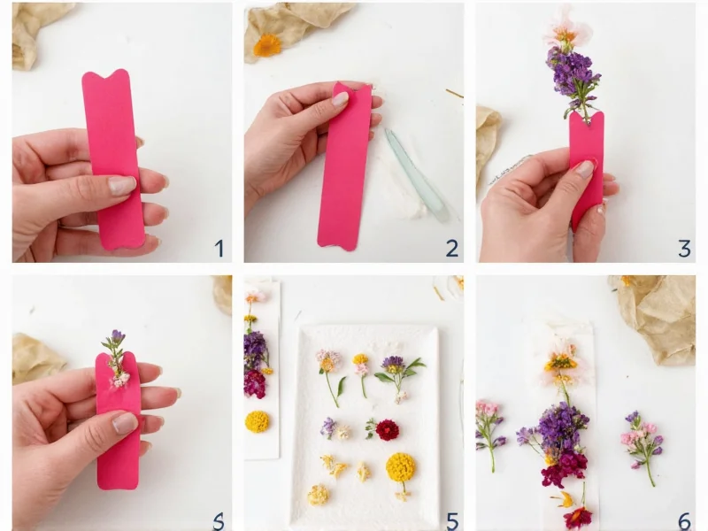 Step-by-step pressed flower bookmark creation process