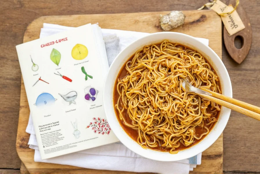 Chef preparing noodles on a traditional Asian griddle with ginger and spices