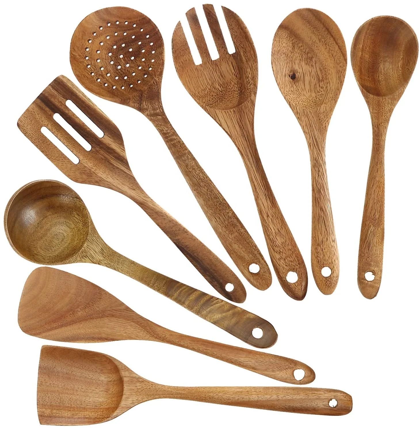 

Kitchen Utensils Set of 8, Natural Teak Long Wood Spoon and Spatula for High Heat Stirring, Baking, Non Stick Pots and Pans