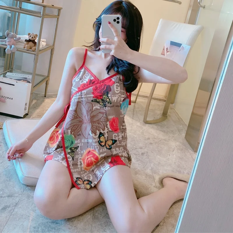 

Hot Sale High Quality Loose Sexy Summer Strap Night Dress Silk Pajamas loose flower printed short set for women sleeveless, Colors