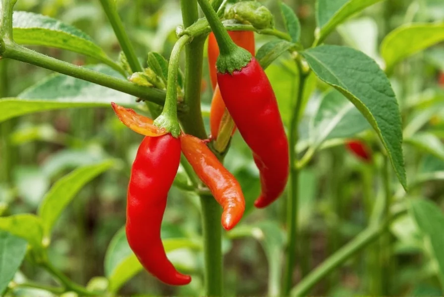 Chili tepin plant in full bloom with small red berries