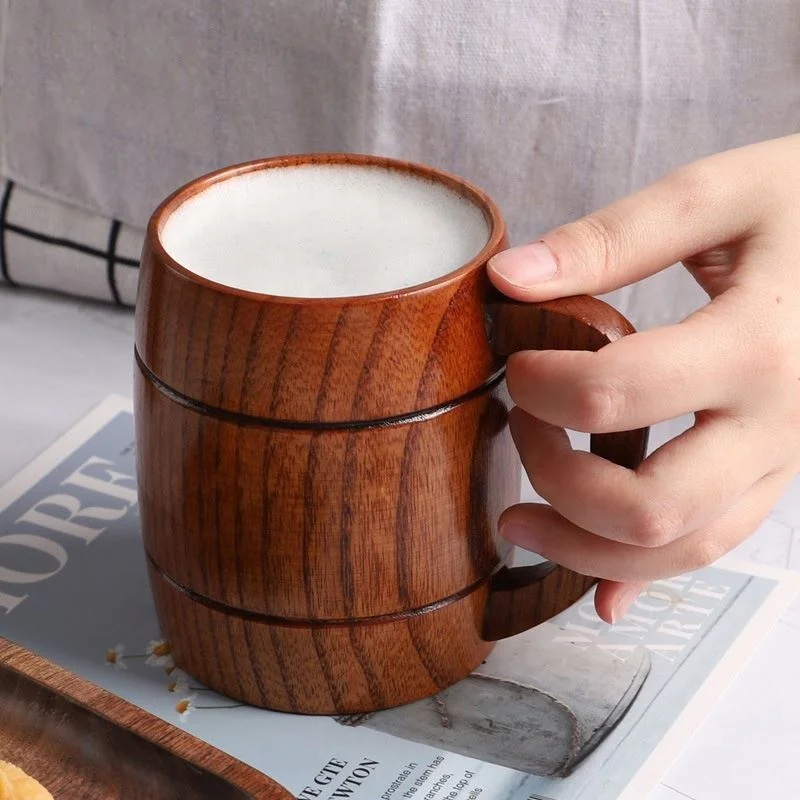 

Eco-Friendly wood wooden mug cup with Handle Beer Coffee Classical Vintage Wine