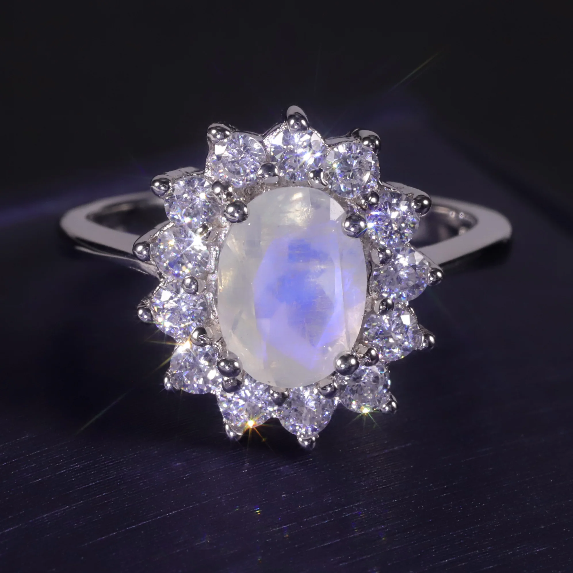 

C1726 Abiding Halo CZ Natural Gemstone Sterling Silver 925 Vintage Milky Blue Moonstone Engagement Rings for Women Jewelry