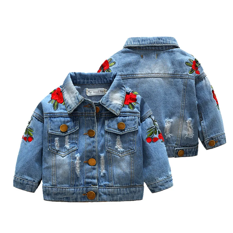 

Casual Toddler Rose Embroidered Flower Long Sleeved Denim Short Coat Jacket For Girl Kids
