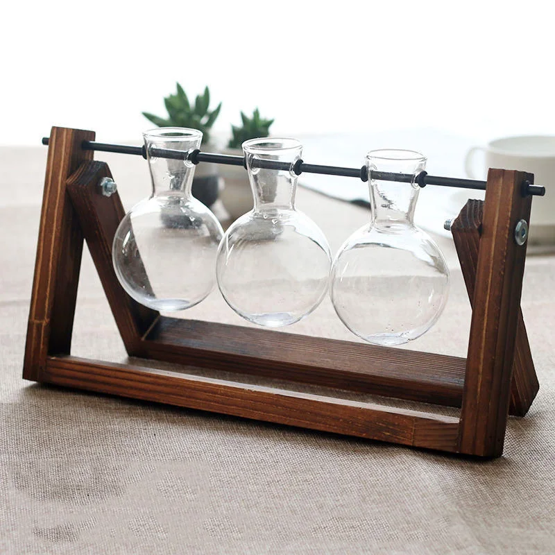 

Large creative hydroponic plant transparent glass vase wooden frame vase, Clear