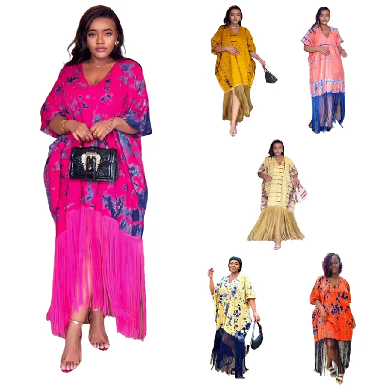 A7411 High-Quality Plus Size Summer Dresses Women Casual V-neck Half Sleeve Printing Loose Long Tassel Kaftan Dresses for Women