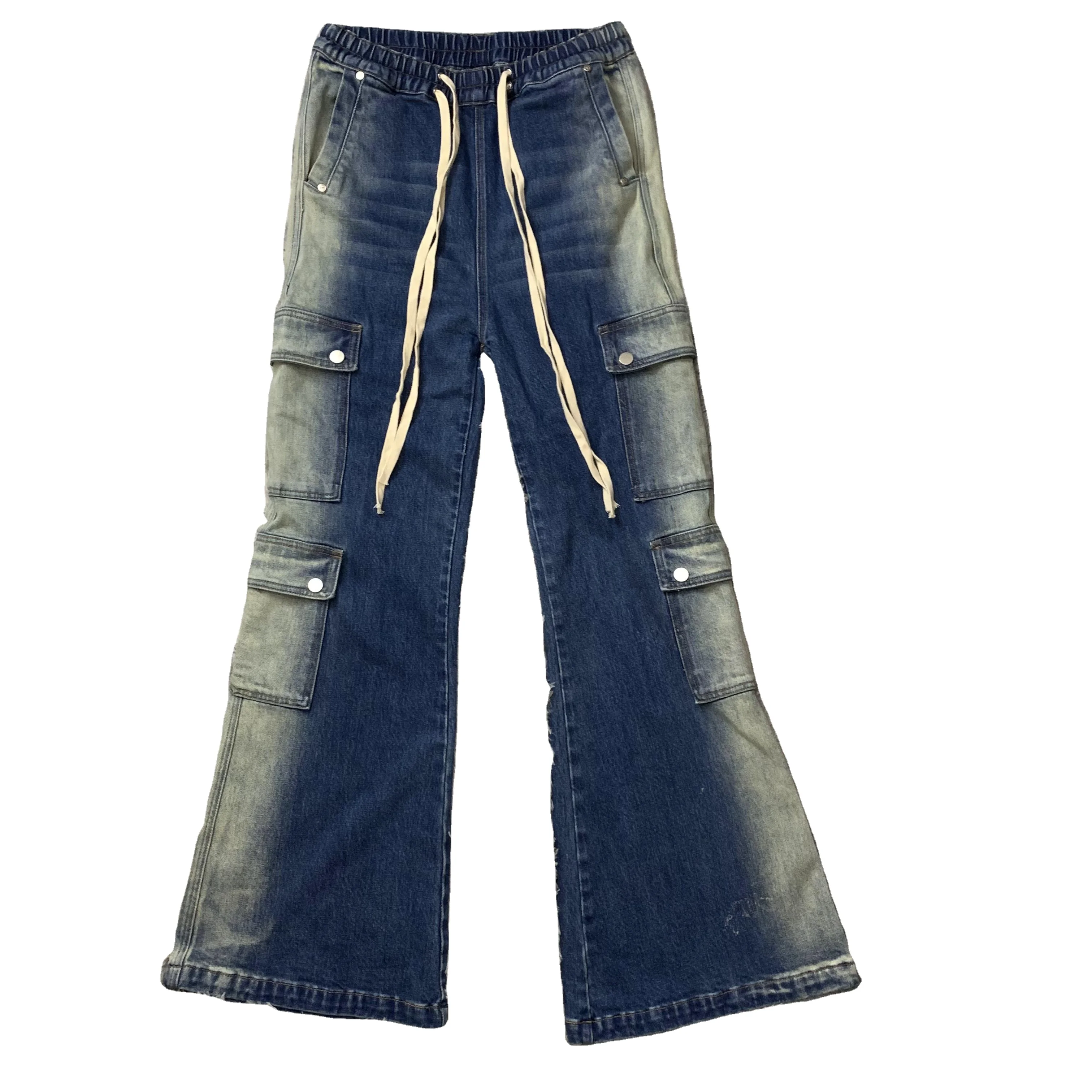DENIMGUYS Hip Hop Gradient Color Men Denim Bootcut Pants Mens Drawstring Loose Multi Pockets Baggy Wide Leg Flared Jeans