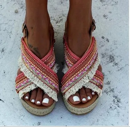 

Tassel Beading Sandal for woman summer flat sandals ladies Bohemia beach woman shoes Thick Bottom Roman Sandals chaussure, As shown