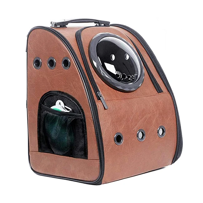 

New Upgraded Cat Dog Backpack Space Capsule Pu Collapsible Cat Backpack Carrier Bubble, Gray, brown