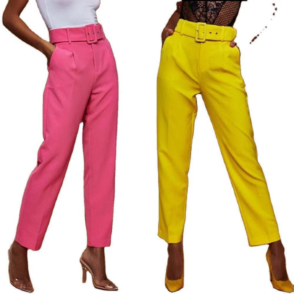 

Casual Pants High Waist Autumn Belted Straight Leg Slacks Office Lady Suit Pants Women Trousers, Customized colors