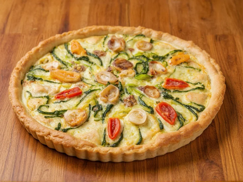Seasonal vegetable quiche variations on wooden table
