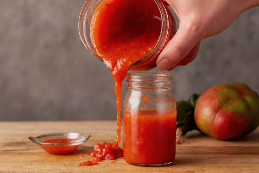 Hand pouring vibrant red fermented pepper sauce from blender into glass bottle with dropper
