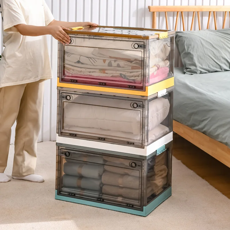 

2022 popular style portable transparent plastic foldable large capacity storage organizer book toy storage box with wheels, Yellow, white, green, blue, orange