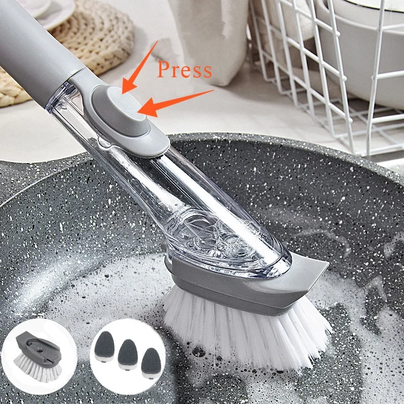 

Kitchen Cleaning Brush 2 In 1 Long Handle Cleaing Brush With Sponge Dispenser Plastic Brush Kitchen Tools, Grey color