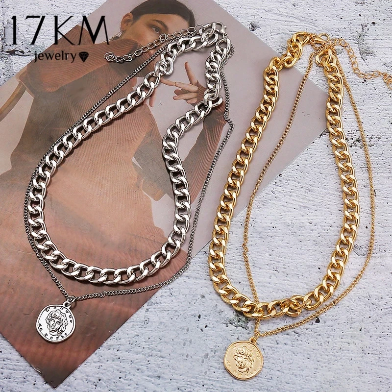 

17KM Punk Multilayer Portrait Coin Pendant Necklace Gold Silver Color Fashion Chunky Chain Necklaces for party