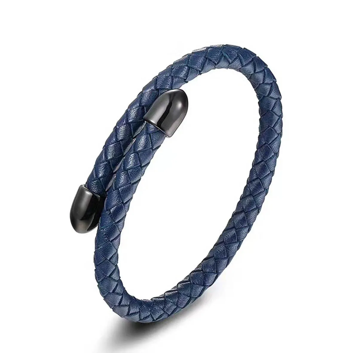 

Top Selling Classic Style Fashion Men's Stainless Steel Bracelet Blue Leather Rope Bracelet Jewelry