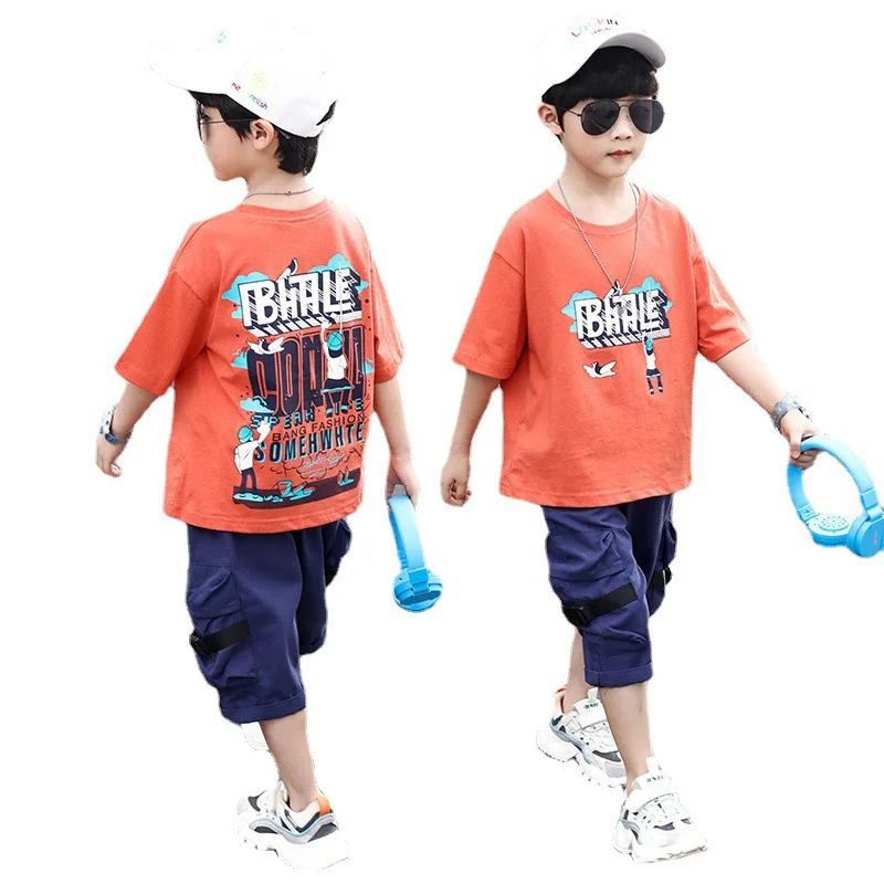 

Cool boy short-sleeved suit 2021 new medium and large children's handsome foreign clothing summer sports kids sets, Orange,green