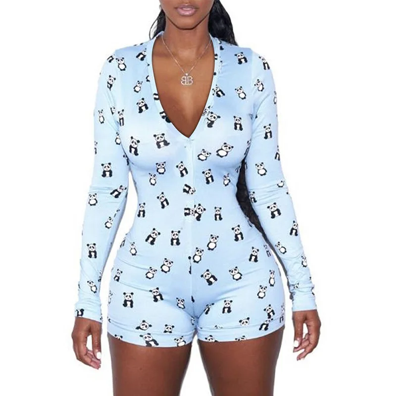 

2020 new sexy v-neck nightwear hot sale printed sleepwear ladies buttons pajamas onesie for women