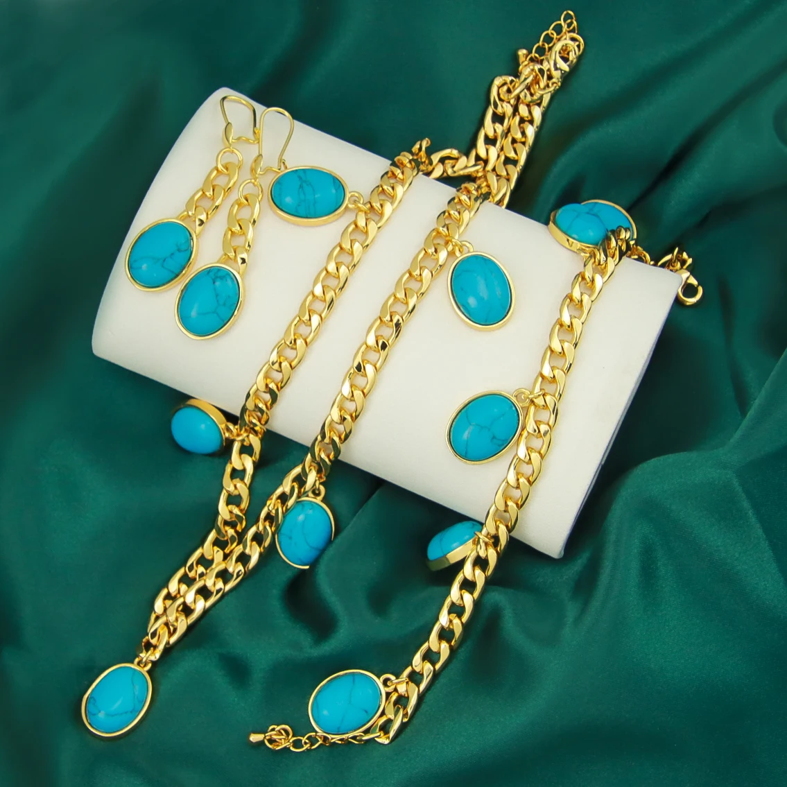 

Fashion Style Charm Jewelry Set Blue 18k Gold Plated Jewelry Sets With Turquoise Stones