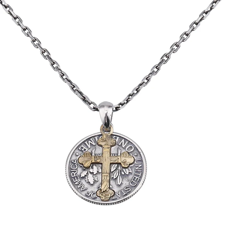 

S925 Sterling Silver retro Cross Pendant European and American Coin Necklace men's trendy Necklace