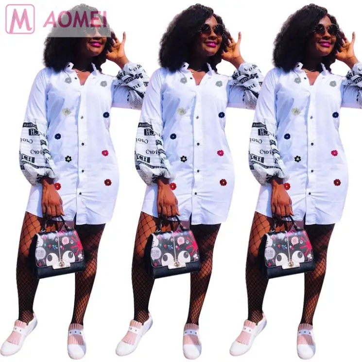 Y1091 newest hot white button down spliced letter puff long sleeve flower embroidered women mini shirt dress