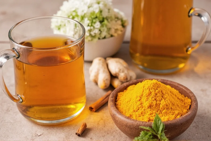 Fresh turmeric root, ginger root, and cinnamon sticks arranged for tea preparation