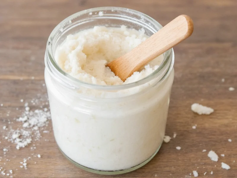 Homemade exfoliator in reusable glass jar with wooden spoon