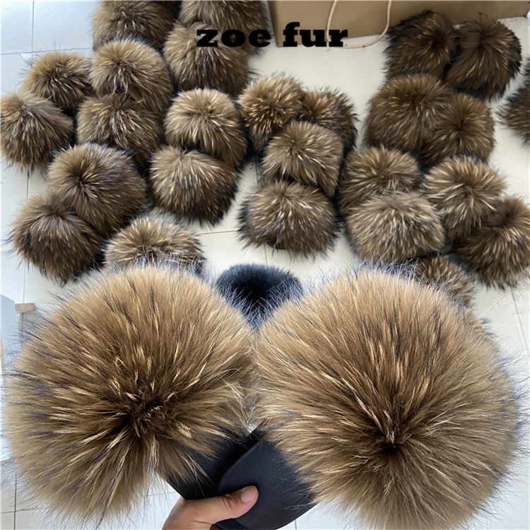 

Wholesale natural raccoon big fur slippers slides for women, Customized color