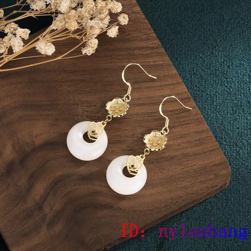 

White Jade Doughnut Earrings Jewelry Gifts Zircon Amulet Chalcedony Gemstone Women Agate Natural Charm Crystal 925 Silver