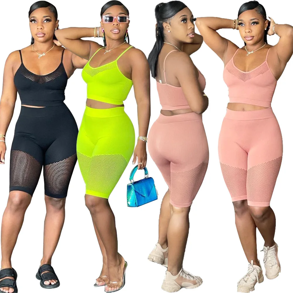 

XUQING 2021 New arrivals summer patchwork two piece crop top high waist biker yoga short set for women ladies, Photo shows