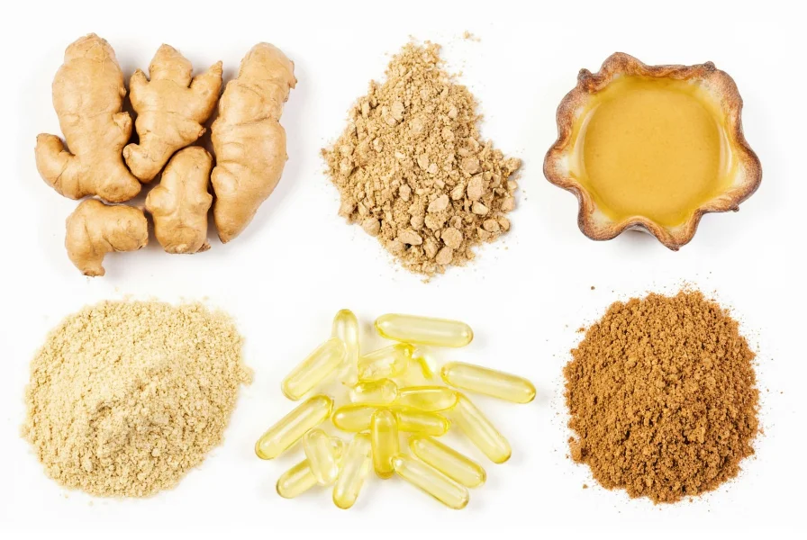 Various forms of ginger including fresh root, powder, tea, and capsules arranged neatly