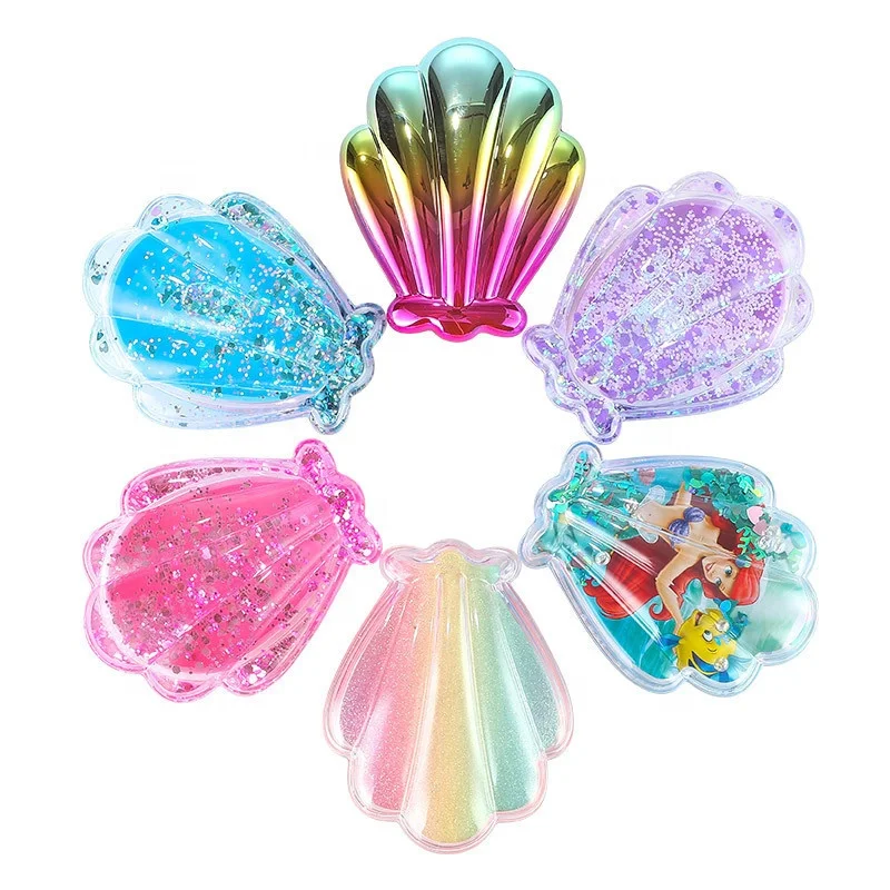 

New Arriving Mini Shell-shaped Rainbow Air Cushion Comb Shiny Crystal Liquid Quicksand Massage Air Cushion Comb Girls Item