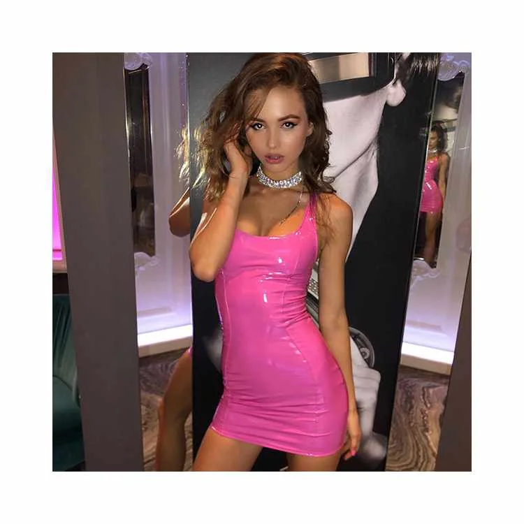 

Pink Sleeveless PU Leather Evening Party Sexy Mini Dress